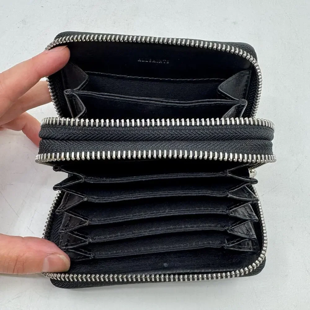 ALLSAINTS Fetch Leather Card Holder Wallet in Storm Green Snake Print